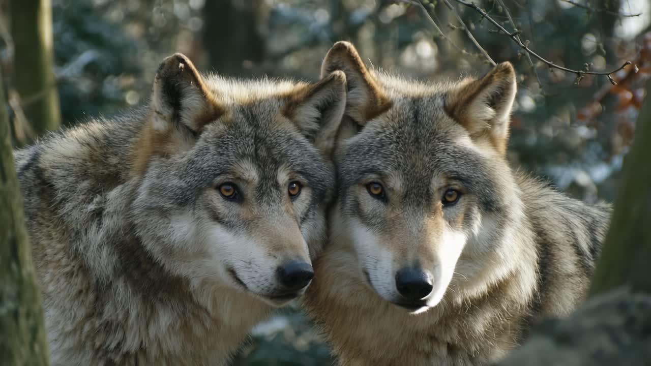 Intimate Connection: A Close-Up Encounter with Two Majestic Wolves in Their Natural Habitat, Capturing Their Bond and the Beauty of Wildlife