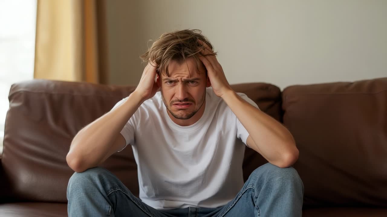 Reacting to stress, man pressing hands against temples on brown leather couch inside living room