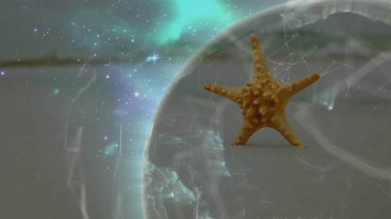 Orange starfish-like shape standing upright in 3D render with translucent dome and cosmic grid