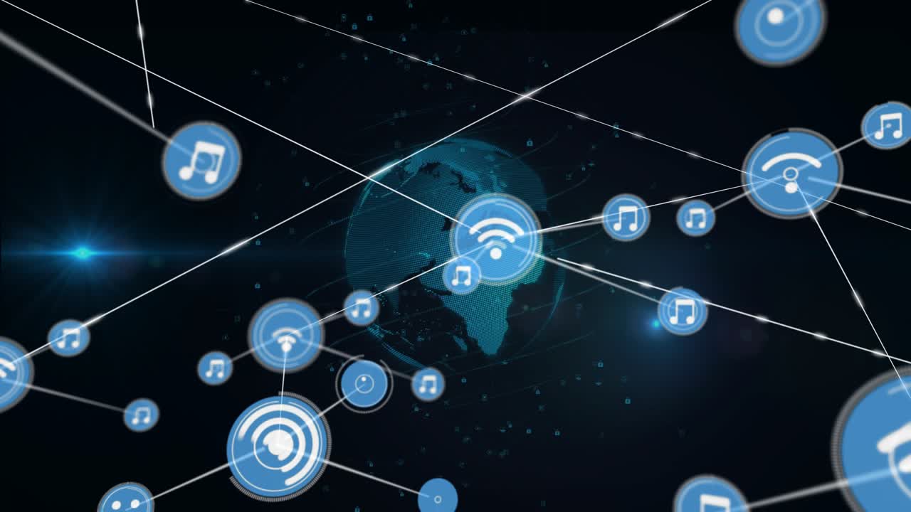 Central HUD activating, teal globe spawning pulsing icons linking thin lines showing global network