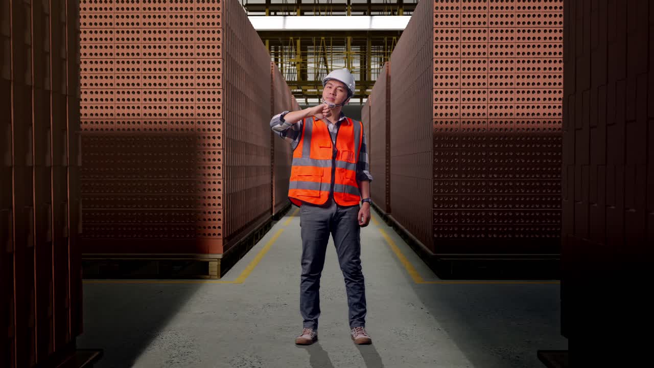 Full Body Of Asian Male Engineer With Safety Helmet Showing Thumbs Down Gesture And Shaking His Head While Standing With Red Brick Packed in Stacks Are Stored