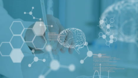 animation of scientific data processing and human brains over caucasian male scientist in laboratory