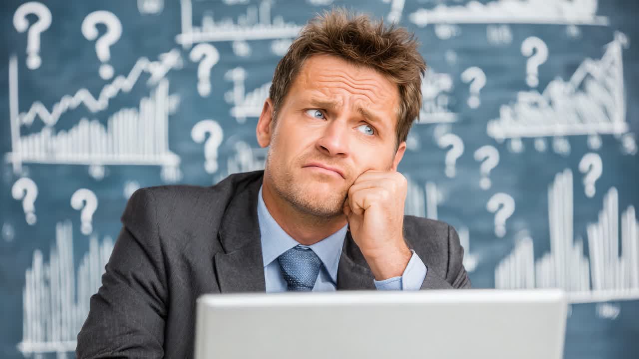 Contemplative Businessman Analyzing Data and Graphics, Seeking Insight while Surrounded by Uncertainties and Questions on a Chalkboard in the Workplace