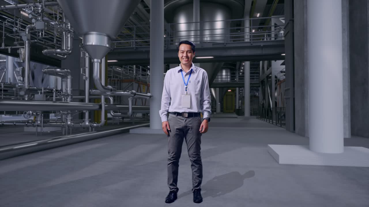 Lavoratore professionista asiatico a figura intera in piedi all'interno di una distilleria con grandi serbatoi di fermentazione, guarda la telecamera e sorride.