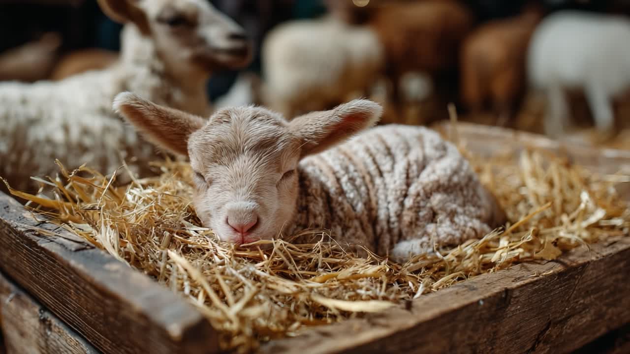 A serene scene of a sleepy lamb nestled comfortably in a bed of straw, surrounded by friends in a cozy farm setting portrayed through two frames from a heartwarming video