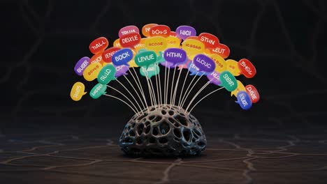 exploring the vibrant network of ideas: a colorful representation of communication concepts represented through floating speech bubbles above an abstract base structure