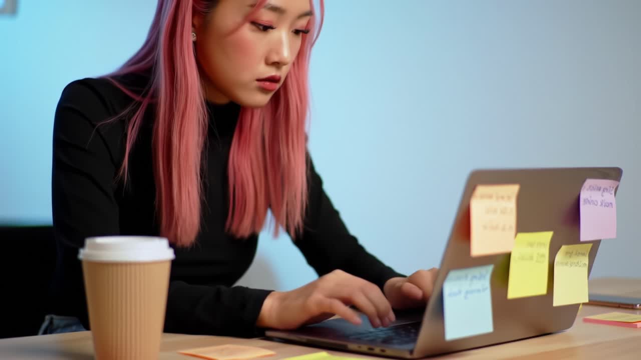 Focused Young Woman with Pink Hair Working on Laptop Surrounded by Colorful Sticky Notes and a Coffee Cup in a Bright Workspace