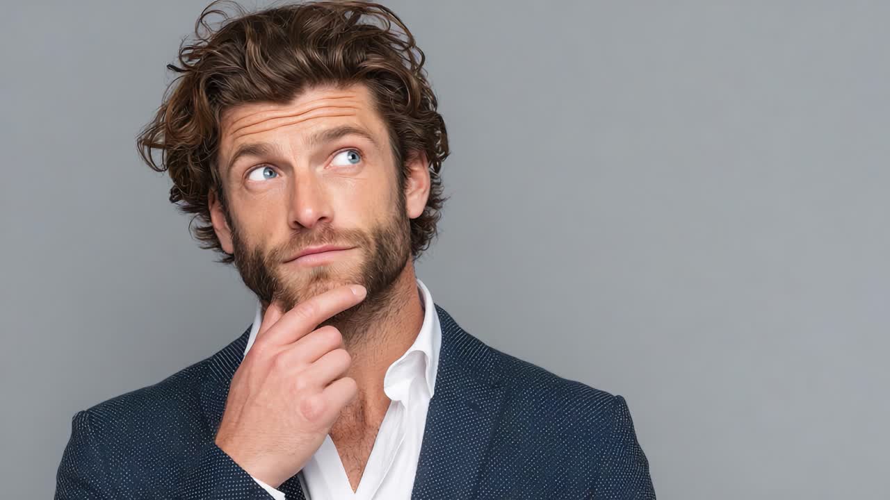 Un uomo contemplativo in un elegante blazer riflette sui suoi pensieri, emanando sicurezza e carisma, il tutto su uno sfondo grigio neutro che esalta la sua espressione pensierosa.
