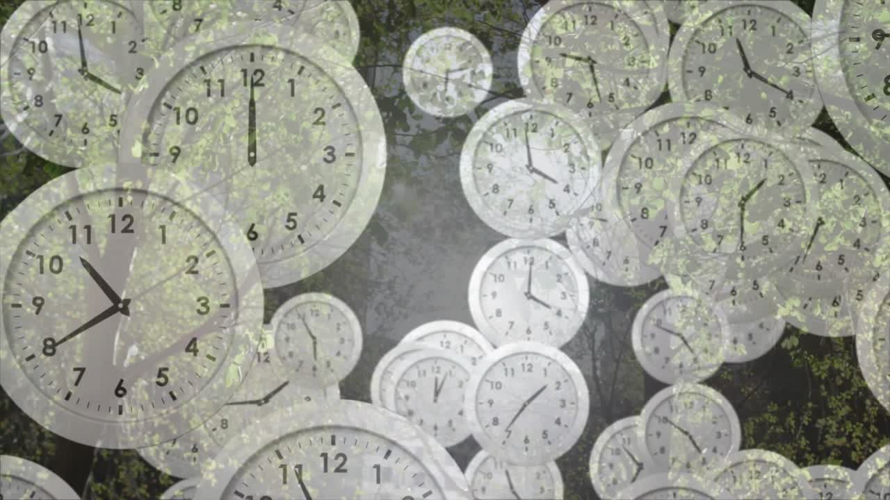 Initial clocks emerging overhead, floating clocks drifting and forming swarm, covering leafy canopy