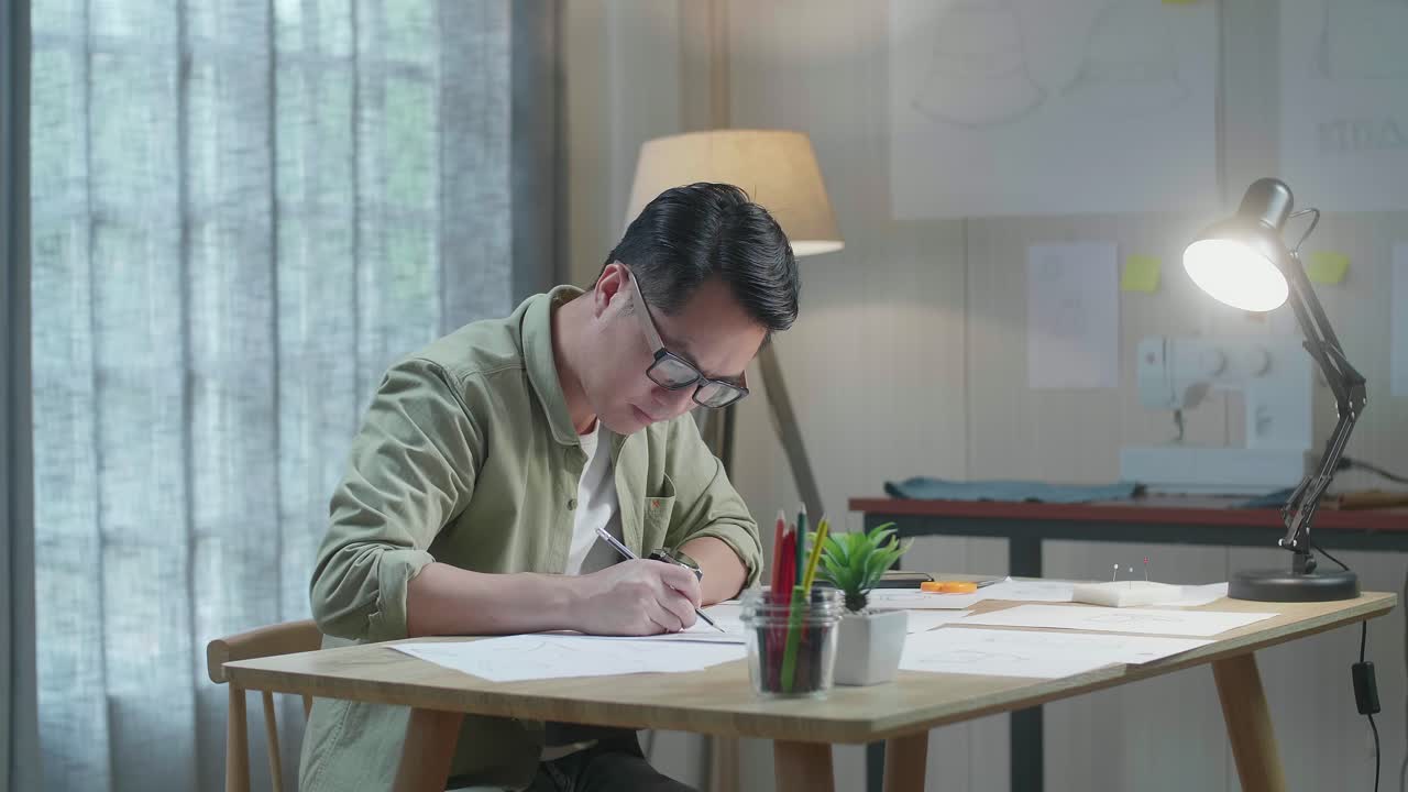 아시아인 디자이너가 사무실에서 레이아웃을 그리고 있습니다.