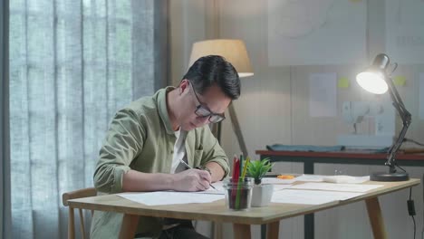 아시아인 디자이너가 사무실에서 레이아웃을 그리고 있습니다.
