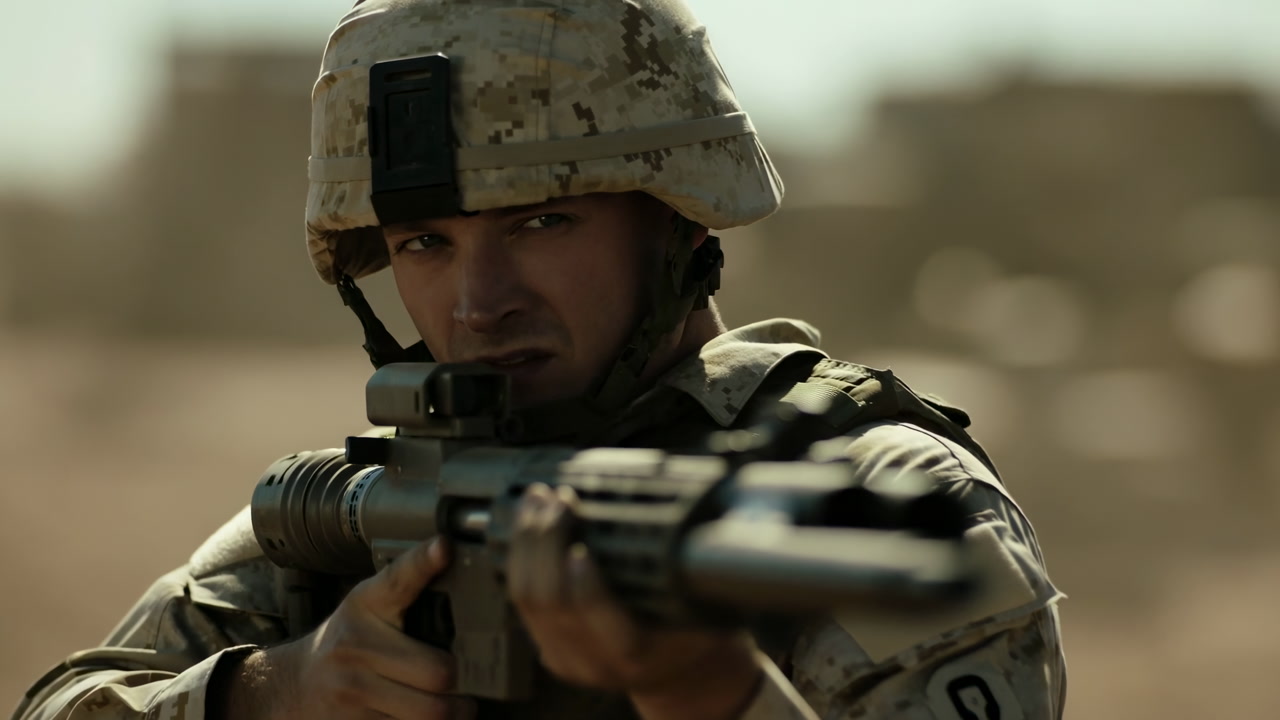 Soldier Aiming Rifle In Desert, Tense Closeup Of Infantryman In Camouflage Helmet And Uniform, Dust Haze