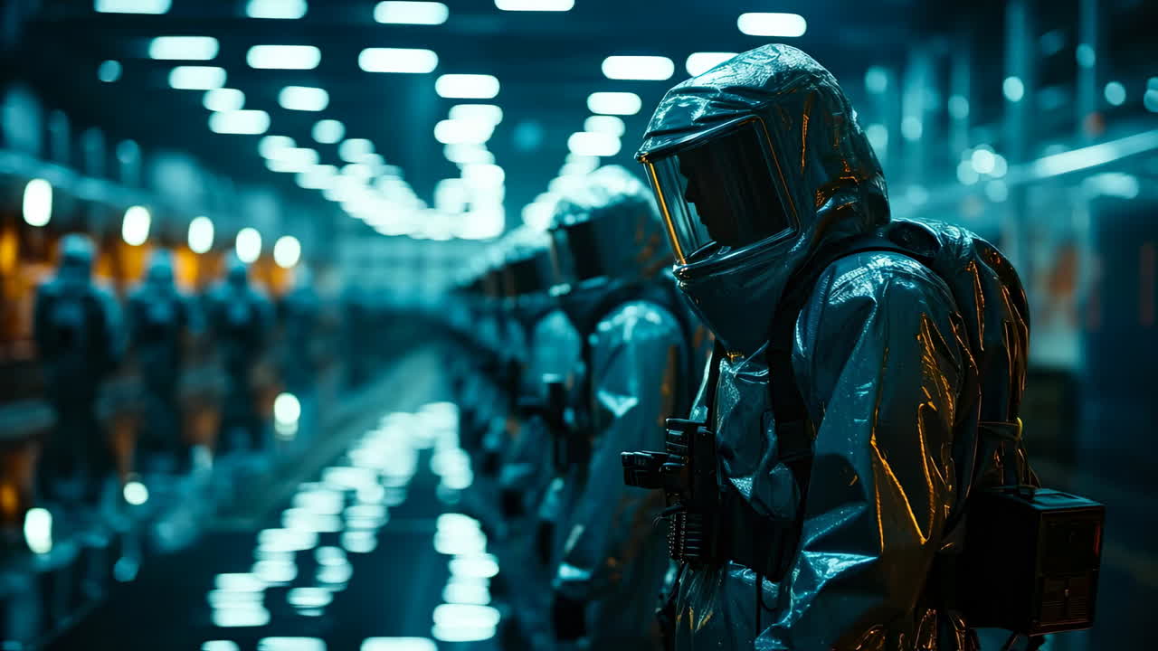 Soldiers in suits stand ready at night. Group of soldiers in silver protective suits stand in formation under bright lights during a night exercise