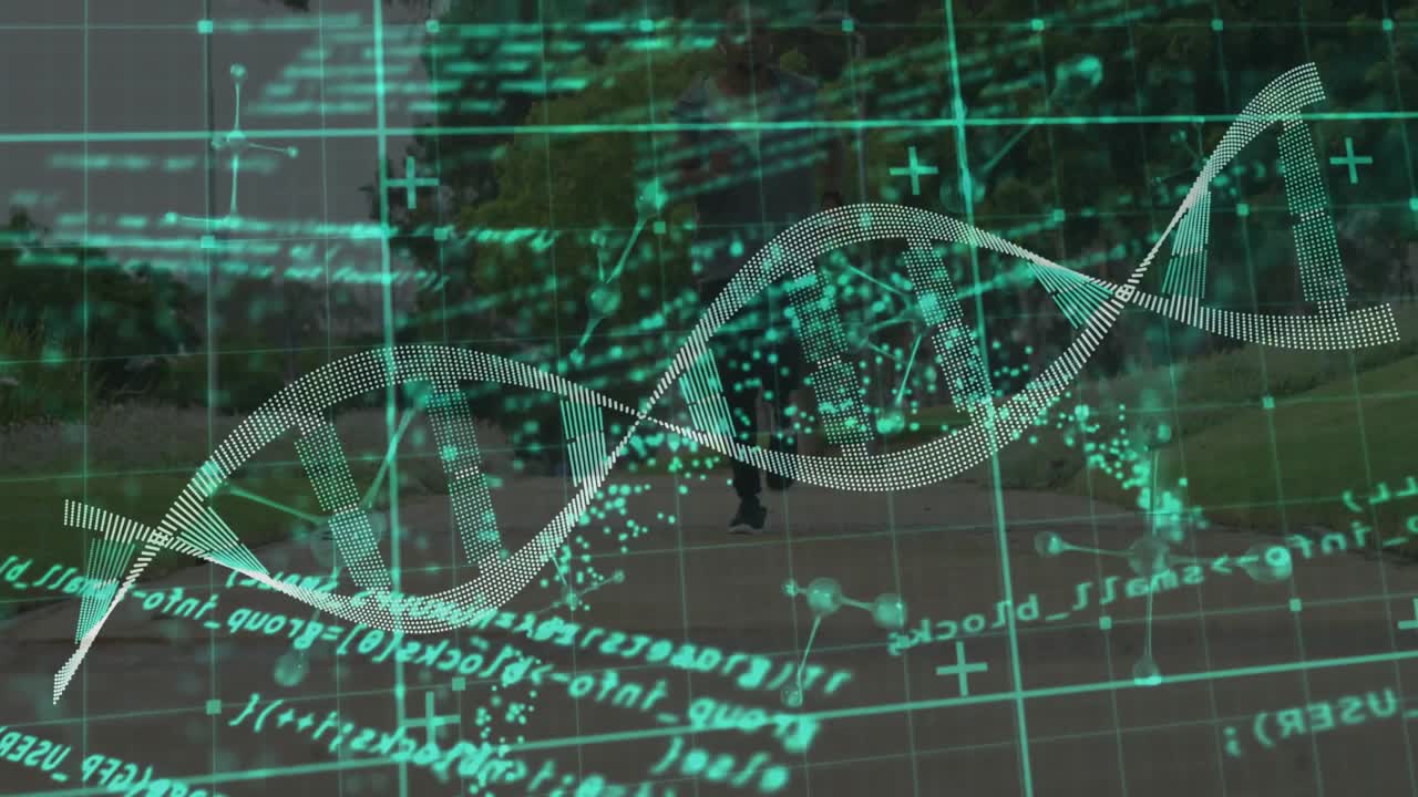 HUD initiating scan while man skating path, DNA helix shifting overlaying and analyzing for biotech