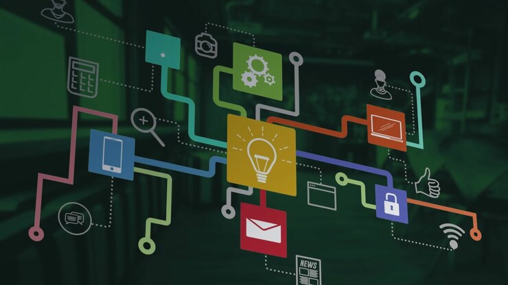 Animation of colourful network of media and communication icons over interior on brown background