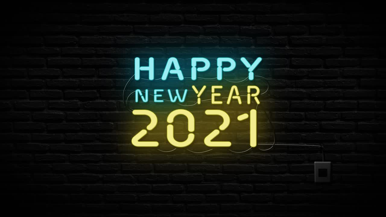 Neonschild 'Frohes neues Jahr und 2021' auf Ziegelsteinmauerhintergrund. Feiertags- und Feierkonzept.
