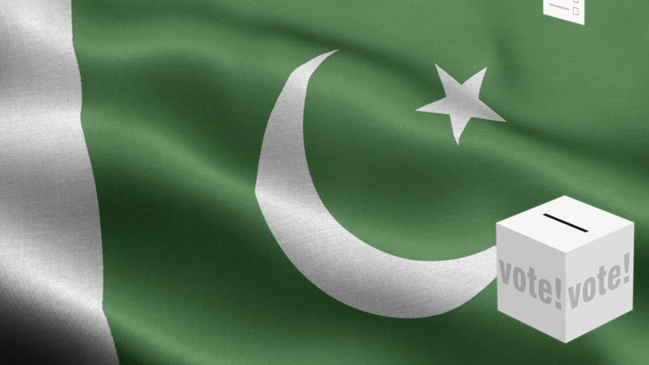 las papeletas de votación vuelan a la caja para la selección de pakistán - caja de votación frente a la bandera - elección - voto - bandera de pakistan - bandera de paquistán alto detalle - bandera nacional de pakistán patrón de ondas elementos loopables - textura de tela y bucle sin fin
