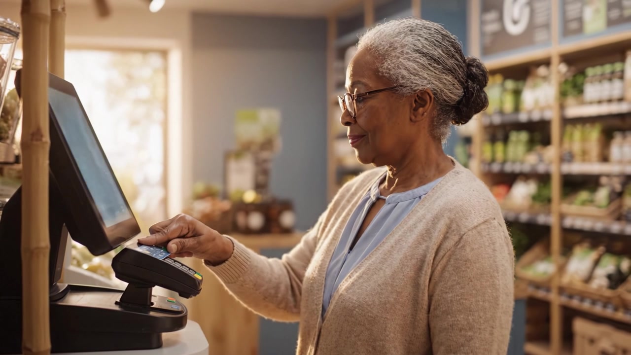 Femme âgée utilisant une borne de libre-service dans un supermarché, appréciant l'expérience d'achat avec des choix sains et des produits frais exposés en arrière-plan.