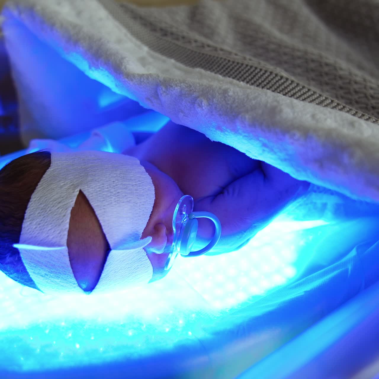 Tiny newborn baby it cured from the childhood jaundice. Infant in eye bandage and with pacifier lies on the blue light lamp under blanket