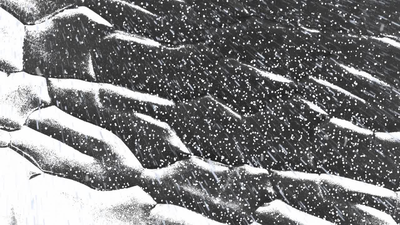 검은 바탕에 움직이는 유기적인  ⁇  모양 위에 비와  ⁇  입자의 애니메이션