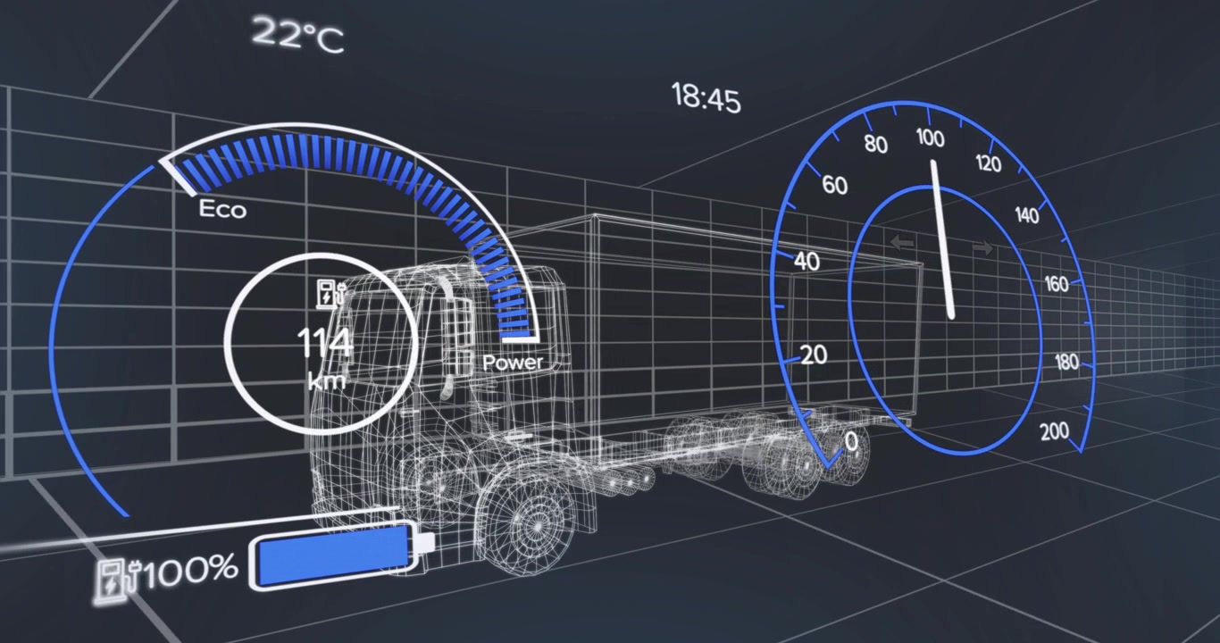 Wireframe-model af lastbil og trailer svæver i et perspektivgitter, viser speedometer og målere