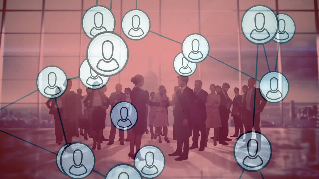 사무실에서 일하는 다양한 사업가들에 대한 네트워킹 아이콘을 애니메이션화합니다.