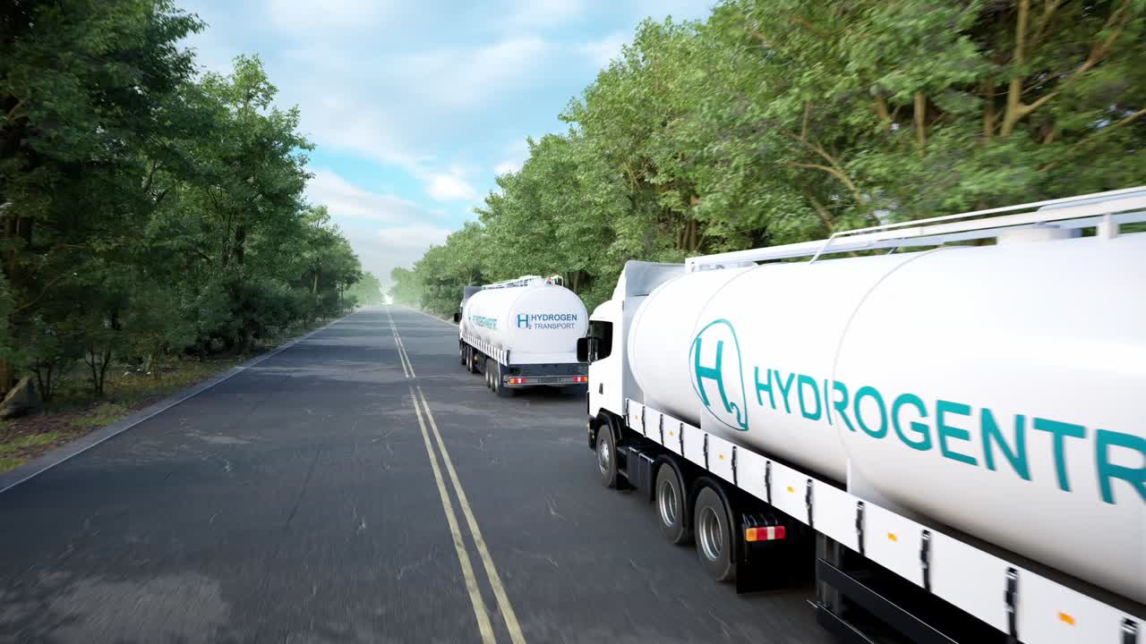 Hydrogen Logistics Concept. Truck With Gas Tank Trailer On The Road Lined