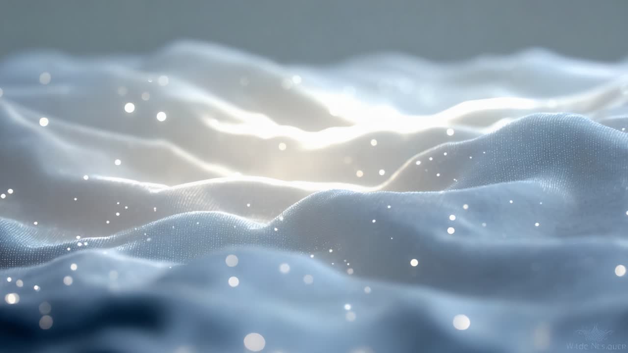 A Glimmering Sea of Fabric: Captivating Waves and Luminous Particles Create a Serene Atmosphere, Evoking Tranquility and Elegance in Every Detail of the Soft, Billowy Scene