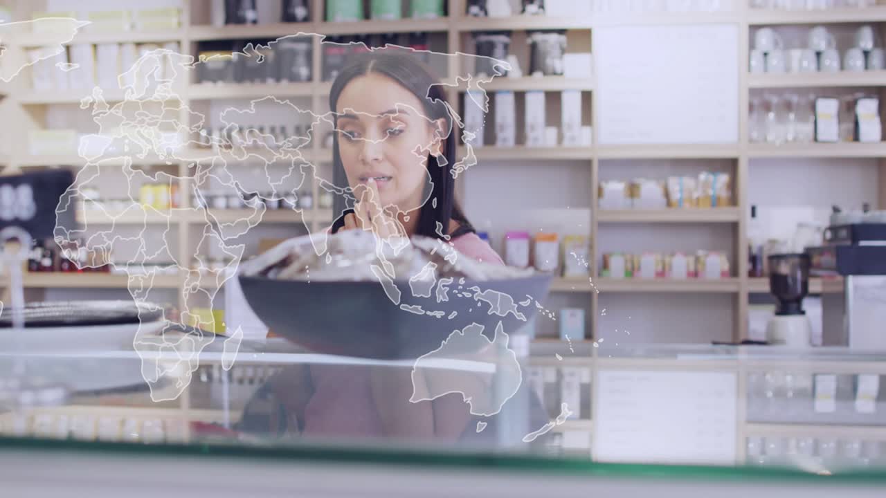 Retail assistant reacting to flickering map outline and examining herbal package verifying origin