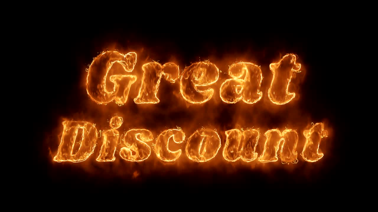 gran descuento palabra animada caliente quema ciclo de llama de fuego realista.