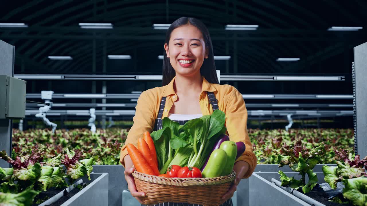 행복 한 여자 농부 는 온실 에서 신선 한 채소 의 바구니 를 들고 있다
