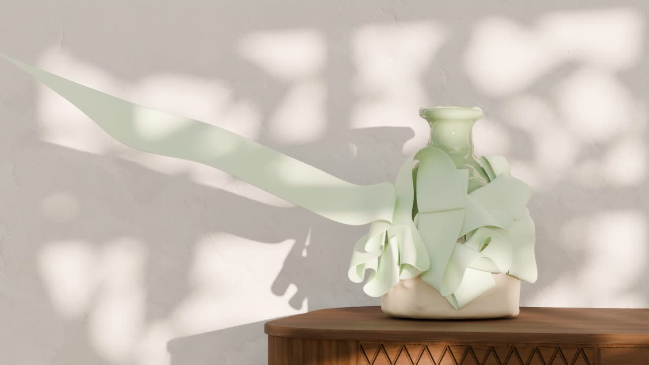 Minimalist vase with ribbon on wooden table