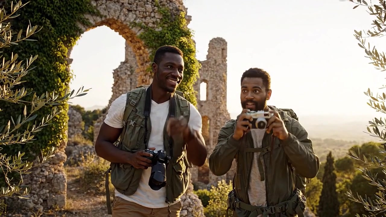 Deux aventuriers en plein air explorent des ruines antiques à l'heure dorée, immortalisant leurs expériences avec des appareils photo, entourés d'une végétation luxuriante et de structures historiques.