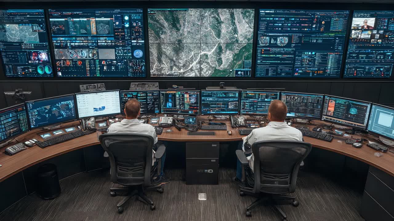 Advanced Control Center with Complex Digital Displays Monitoring Vast Areas and Real-Time Data Interaction by Operators in a High-Tech Environment
