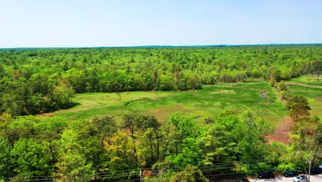 scenic aerial of maine swamp forest. winding road, cars parked at small houses under powerlines, people heading out for a wild outdoor vacation near rivers, creeks, ponds, and lush marsh jungle