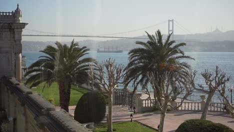 watching the historical texture through the palm trees from the room of the ottoman palace in the istanbul bosphorus ii