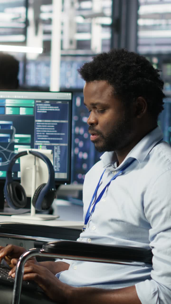 Vertical Video Engineer With Paraplegia In Data Center Panicked By Ai Node Tree Software Error
