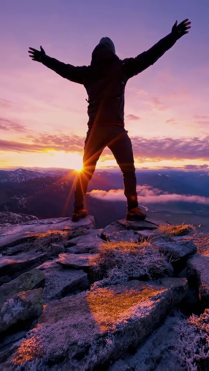 Senderista con los brazos extendidos en la cima de una montaña al amanecer