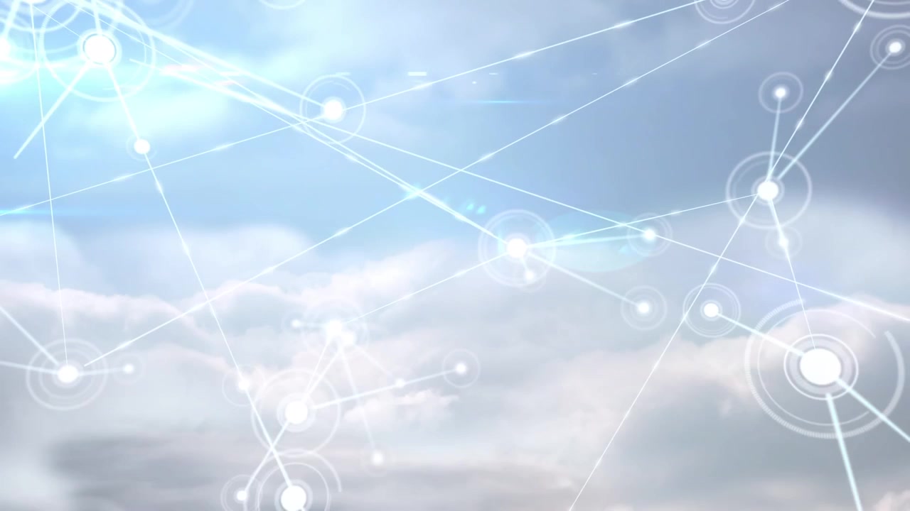 Digital Network Connections Overlaid on Cloudy Sky
