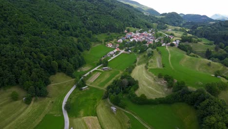 Aerial-flyover-scenic-landscape-with-green-mountains-and-small-Slovenian-village-during-daytime