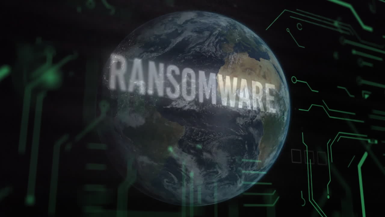 3D Earth globe spinning through dark space, displaying RANSOMWARE overlay with binary digits