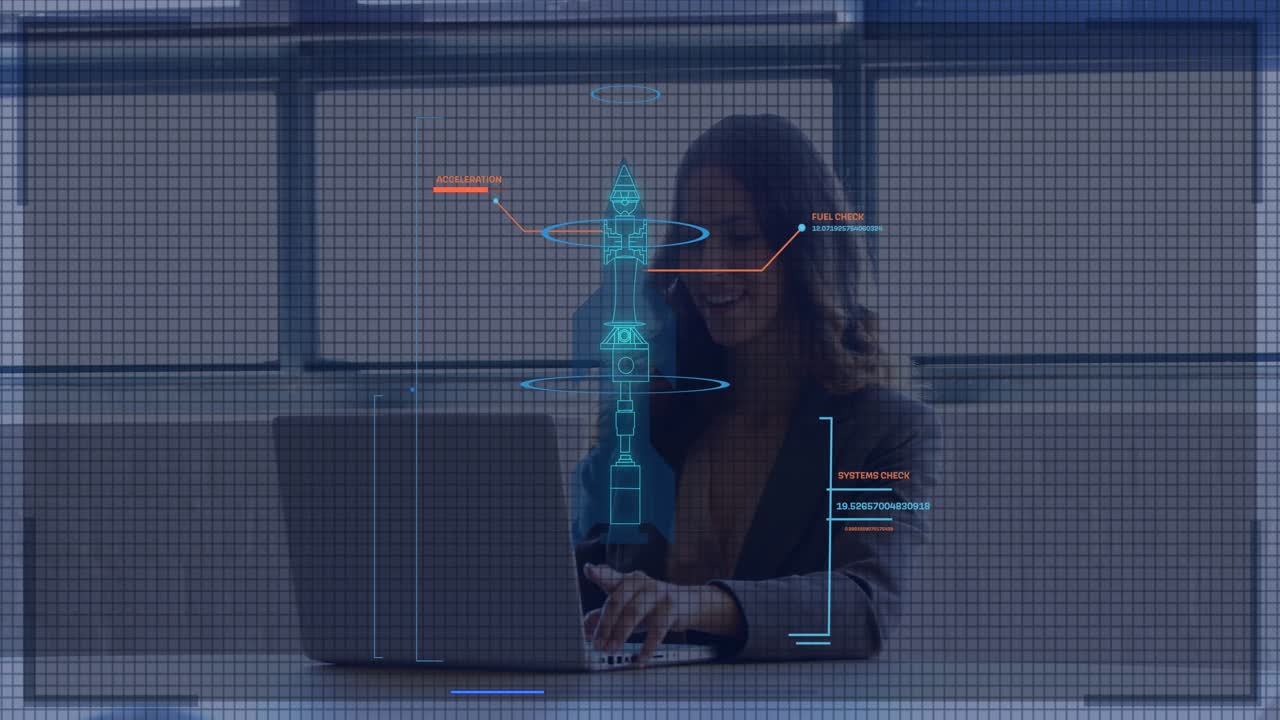 Businesswoman working on laptop with digital data processing animation overlay