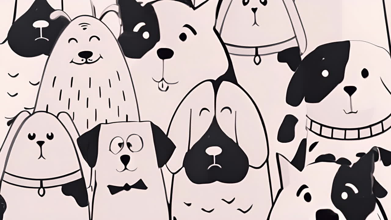 Cani cartone animato in bianco e nero con varie espressioni, animazione