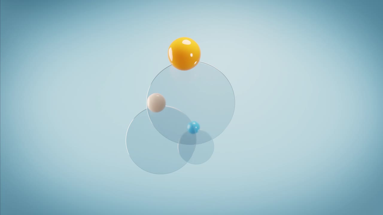 Dynamisk abstrakt animation med farverige kugler og glascirkler