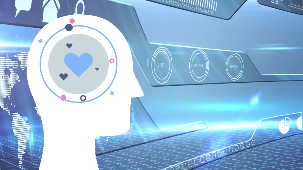 파란색 배경 에 심장 과 세계 지도 를 가진 인간 머리 의 애니메이션