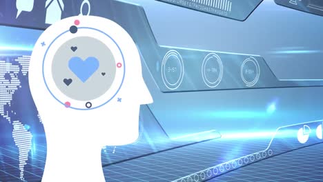 animación de una cabeza humana con un corazón y un mapa del mundo sobre fondo azul