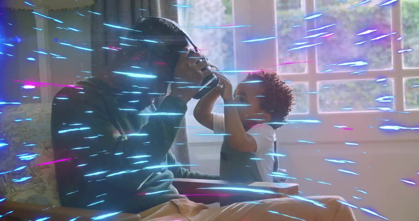 Dad putting on VR tech by window, baby grabbing, dad guiding, blue-magenta streaks overlaying