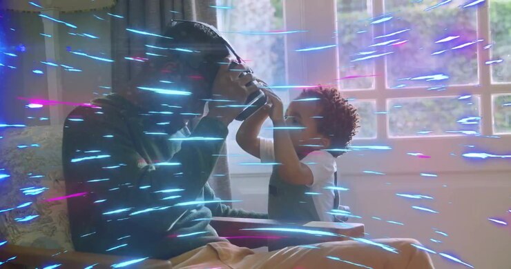 Dad putting on VR tech by window, baby grabbing, dad guiding, blue-magenta streaks overlaying