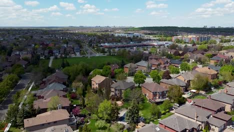 circling over sunny backyards of houses in a mississauga suburb