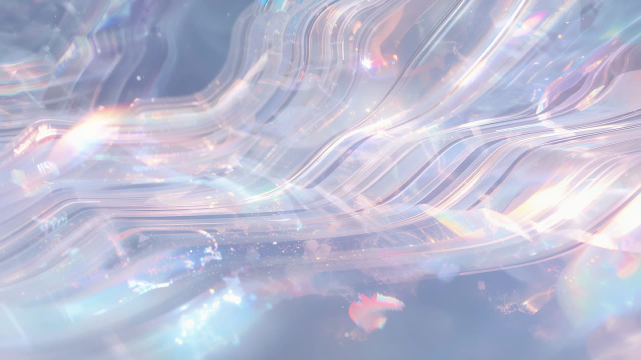 Playback starting sheer ribbons rippling in ethereal field, revealing coral fleck, glitter